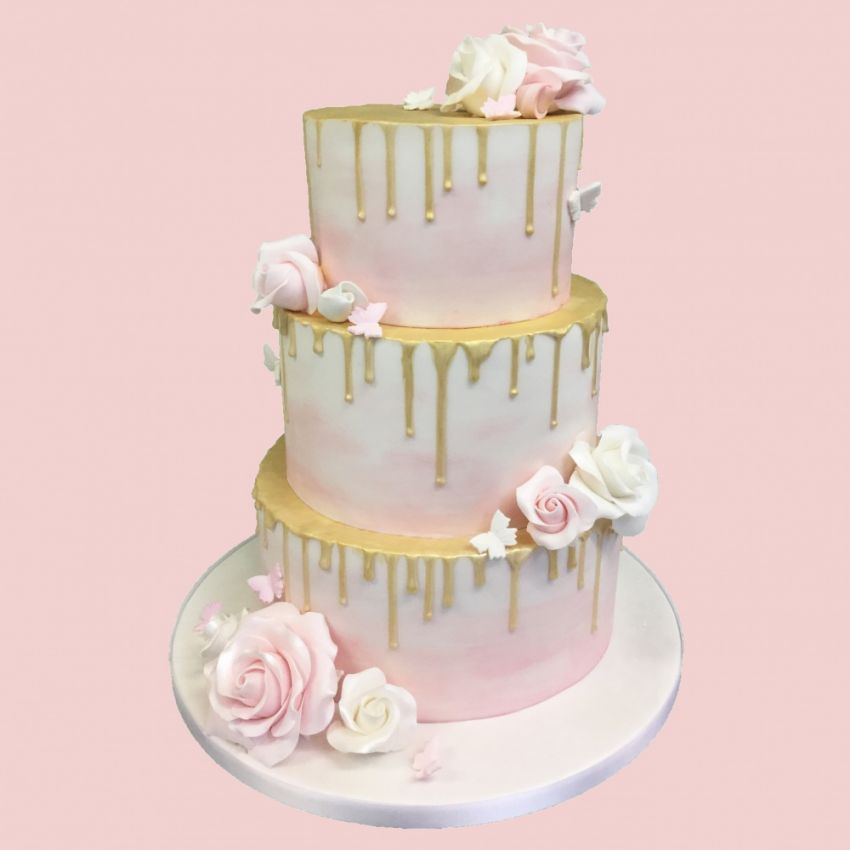Three Tier Floral Gold Drip (Feeds 50)